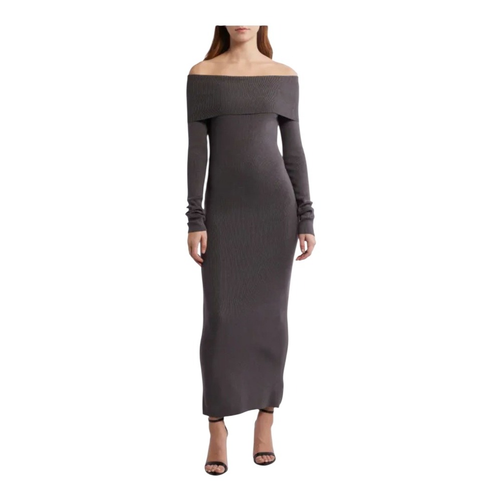 Petal & Pup Maxi Dress Ribbed Knit Long Sleeve Off the Shoulder Bodycon Charcoal